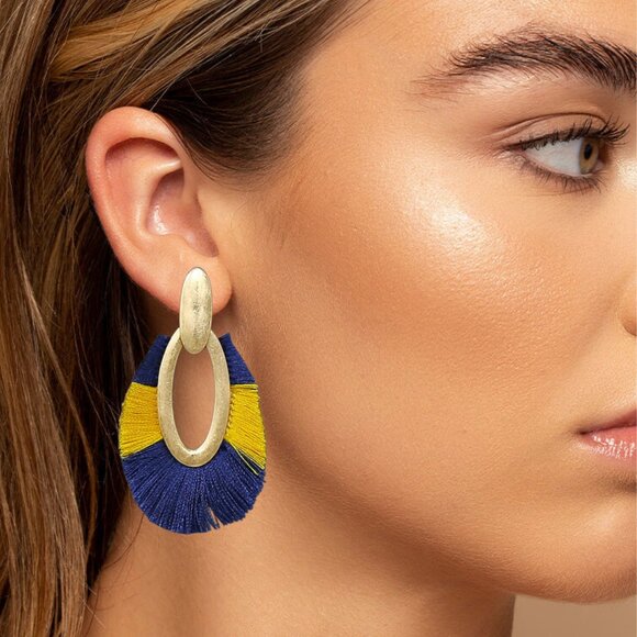 Blue Yellow Gold Football Fan Team Gameday Gold Dipped Fringed Boho Earrings - Picture 2 of 2